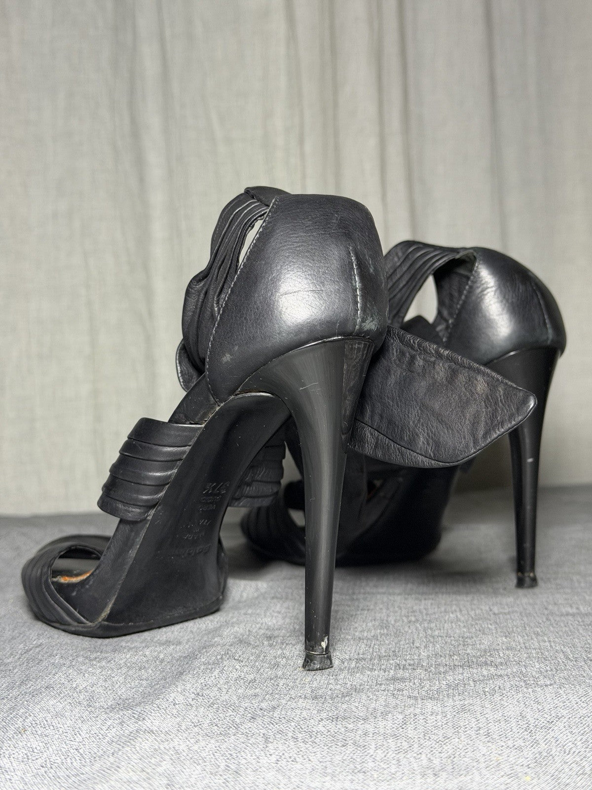 BALDININI Italy Black Leather Draped Stiletto Sandals EUR 37.5 Vibram Soles