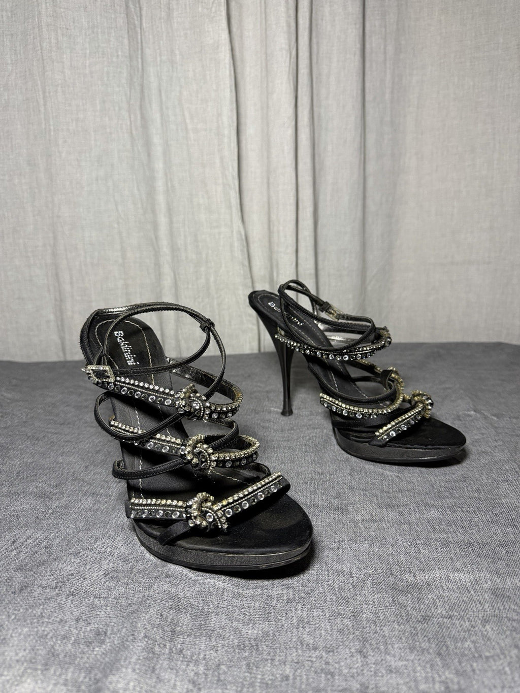 BALDININI Italy Black Satin Crystal Embellished Platform Heels - EUR 37.5