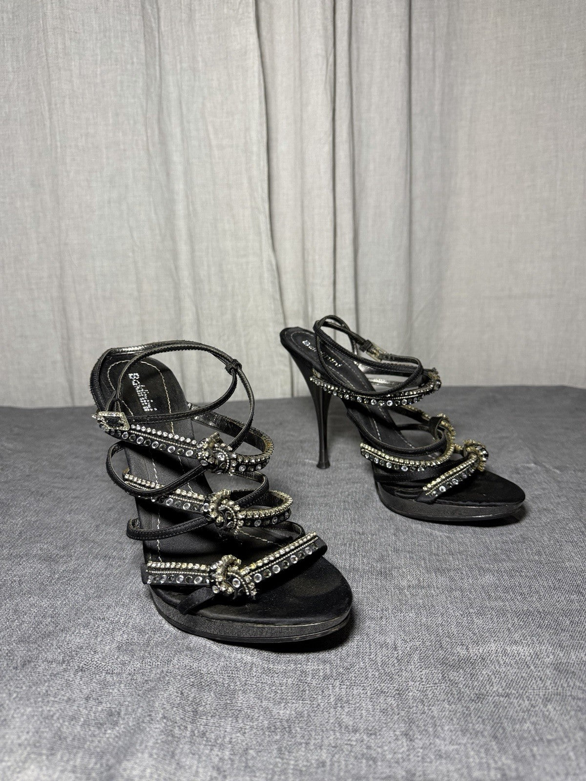 BALDININI Italy Black Satin Crystal Embellished Platform Heels - EUR 37.5