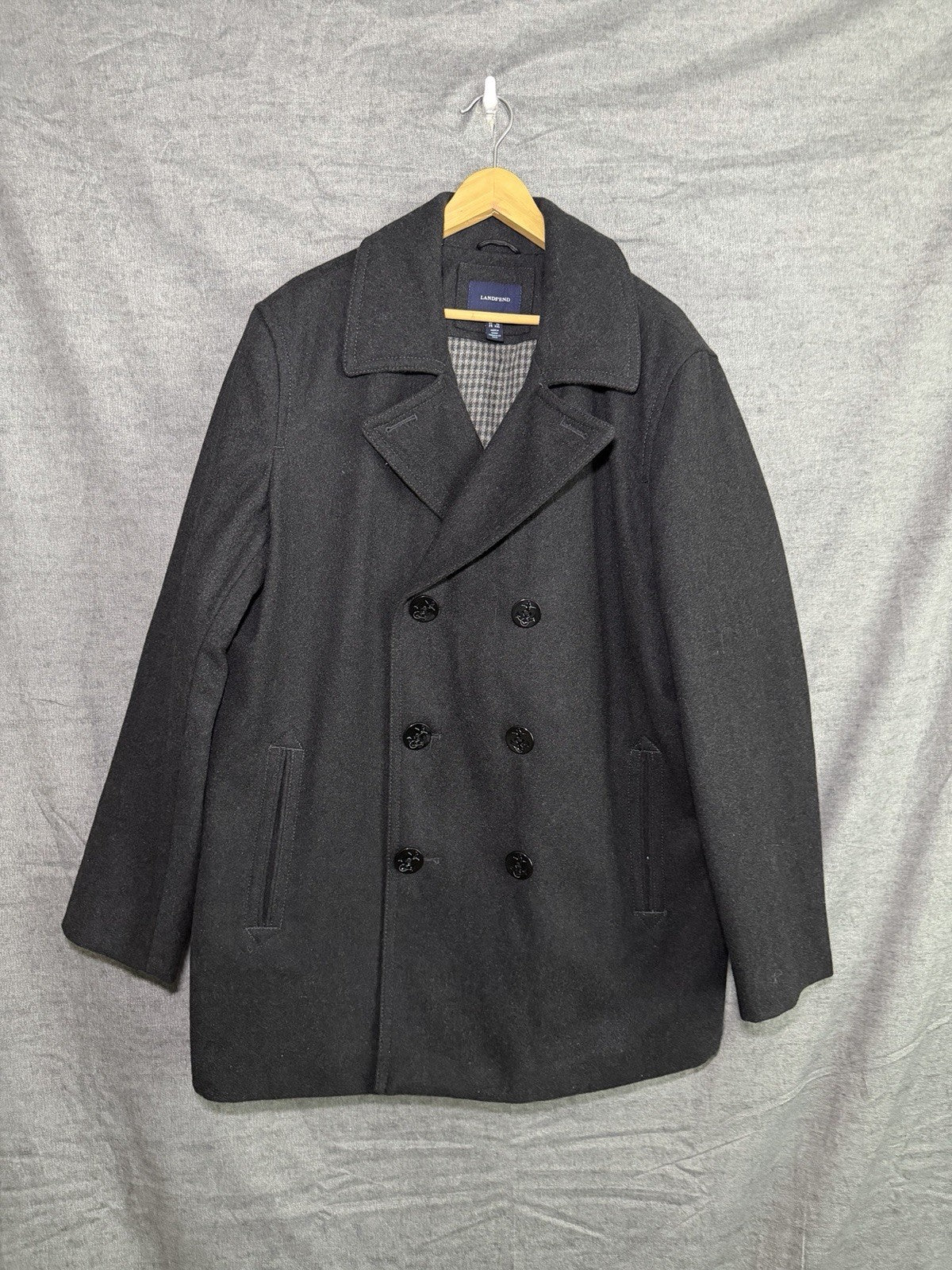 Lands' End Men's XL Wool Blend Double Breasted Pea Coat Charcoal Anchor Buttons