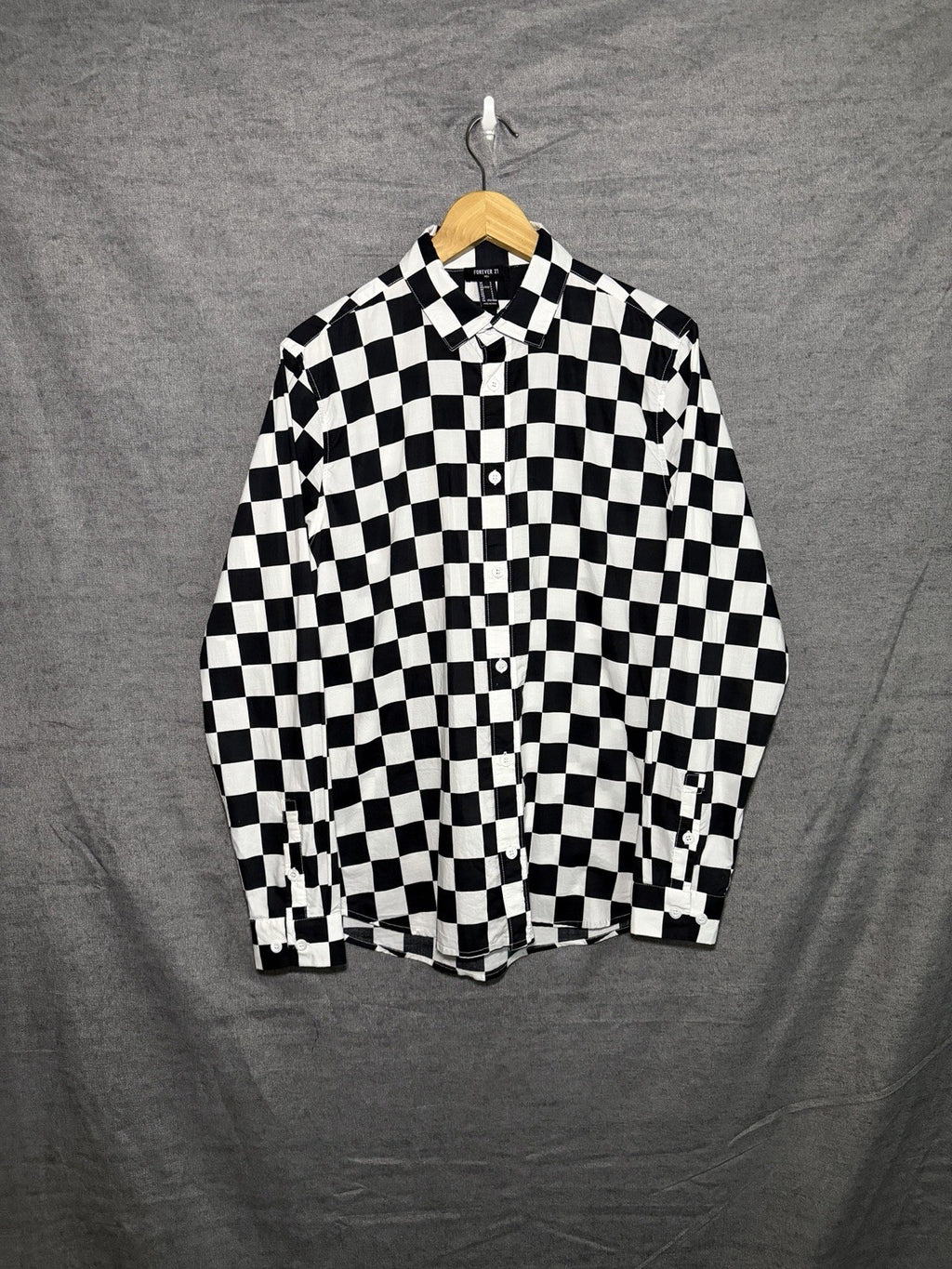Forever 21 Men's S Black White Checkered Checkerboard Long Sleeve Button Down