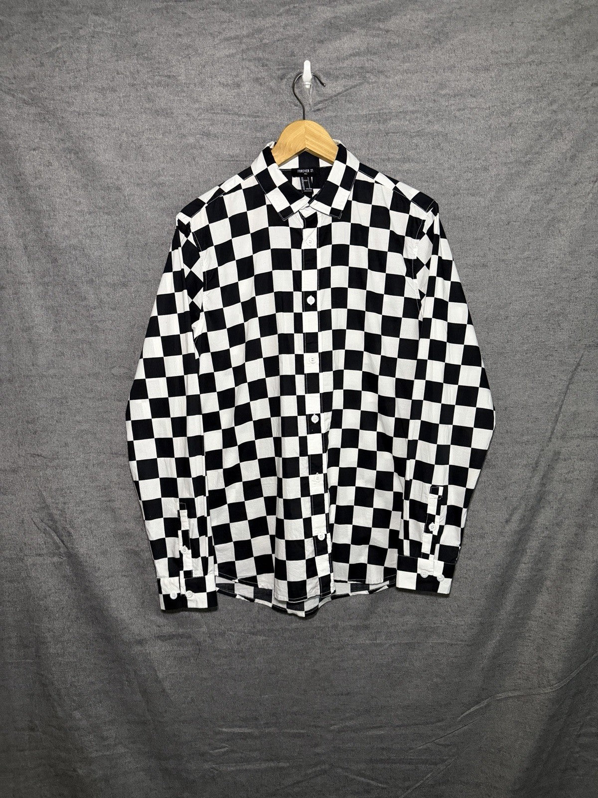 Forever 21 Men's S Black White Checkered Checkerboard Long Sleeve Button Down
