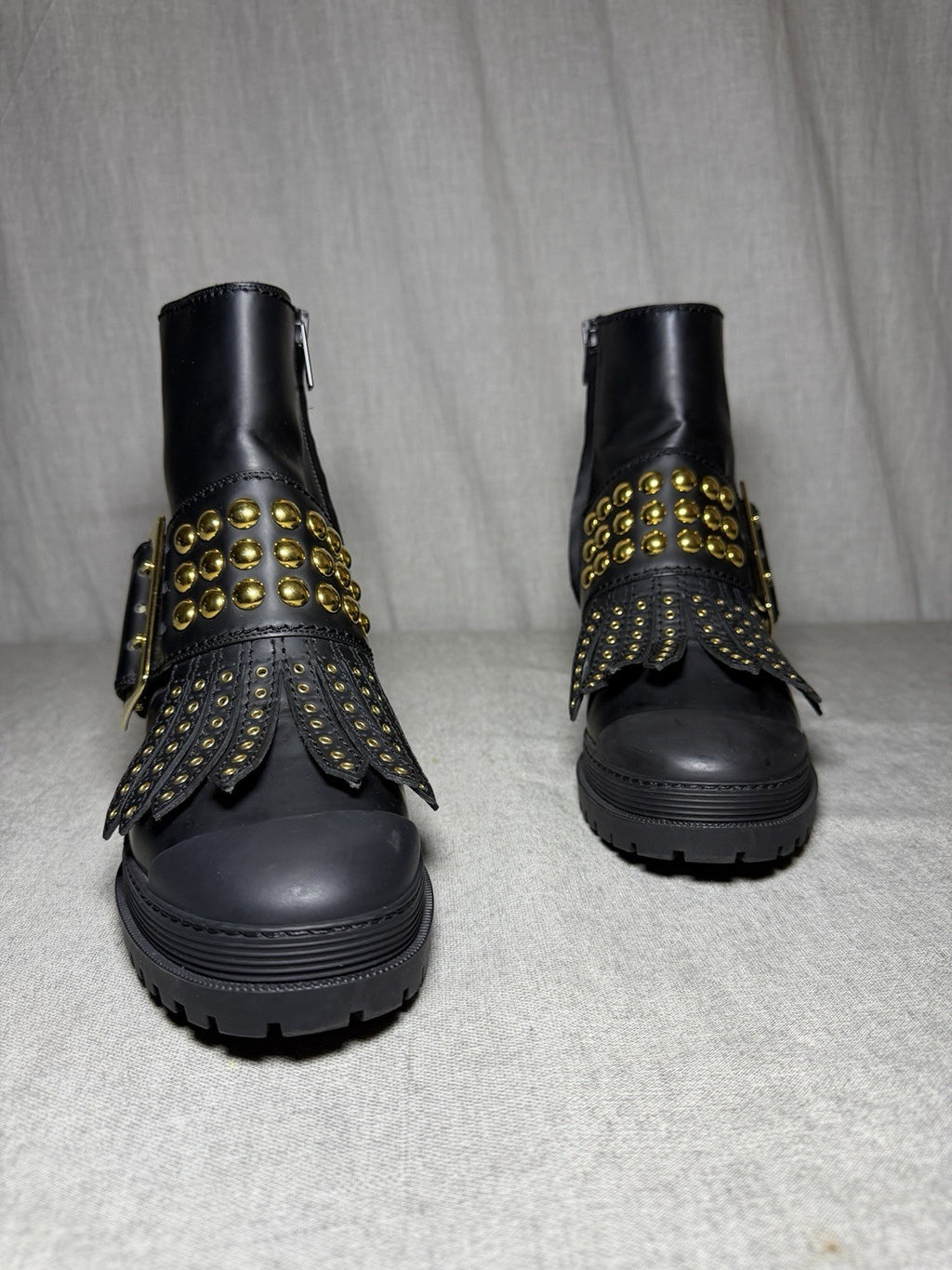Burberry PR Whitchester Weather Boot Schwarz Gold Nieten Reißverschluss EU 38