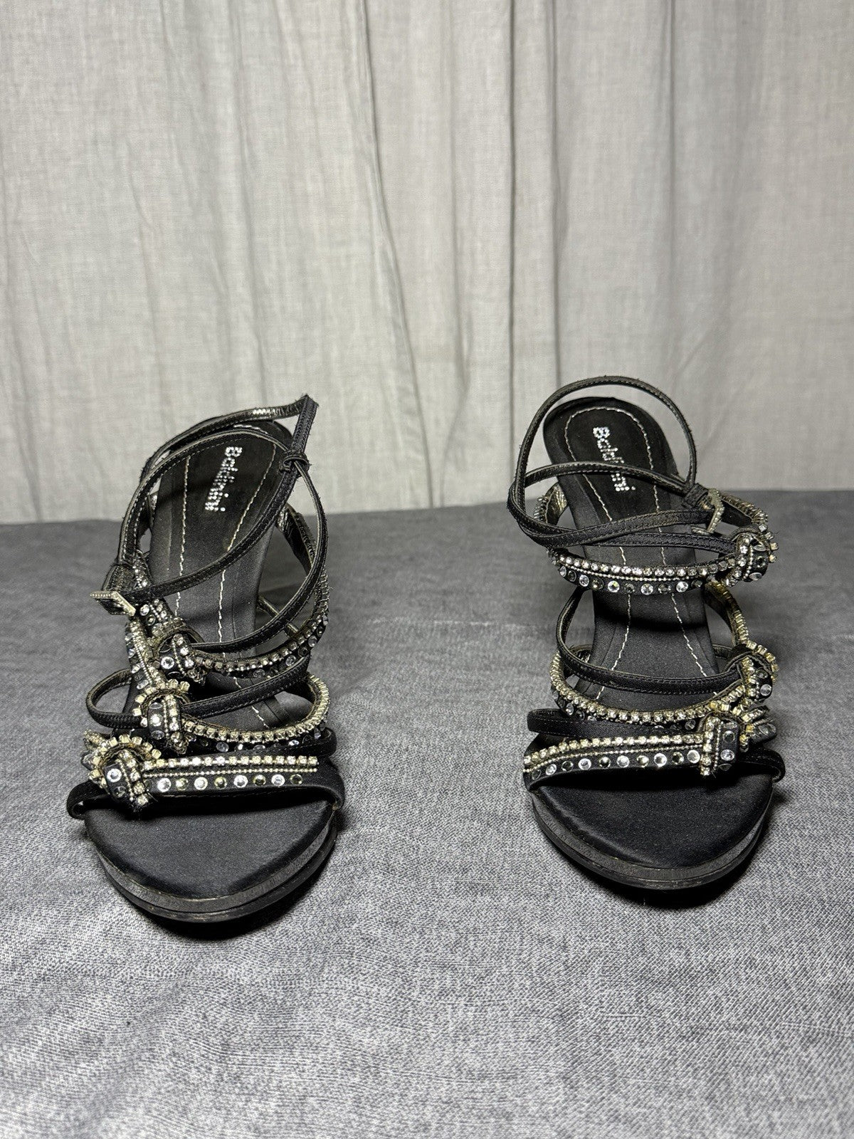BALDININI Italy Black Satin Crystal Embellished Platform Heels - EUR 37.5
