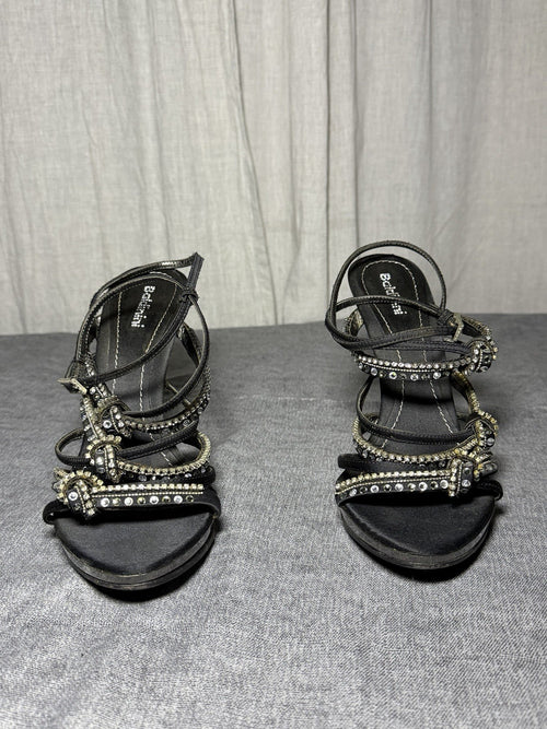 BALDININI Italy Black Satin Crystal Embellished Platform Heels - EUR 37.5