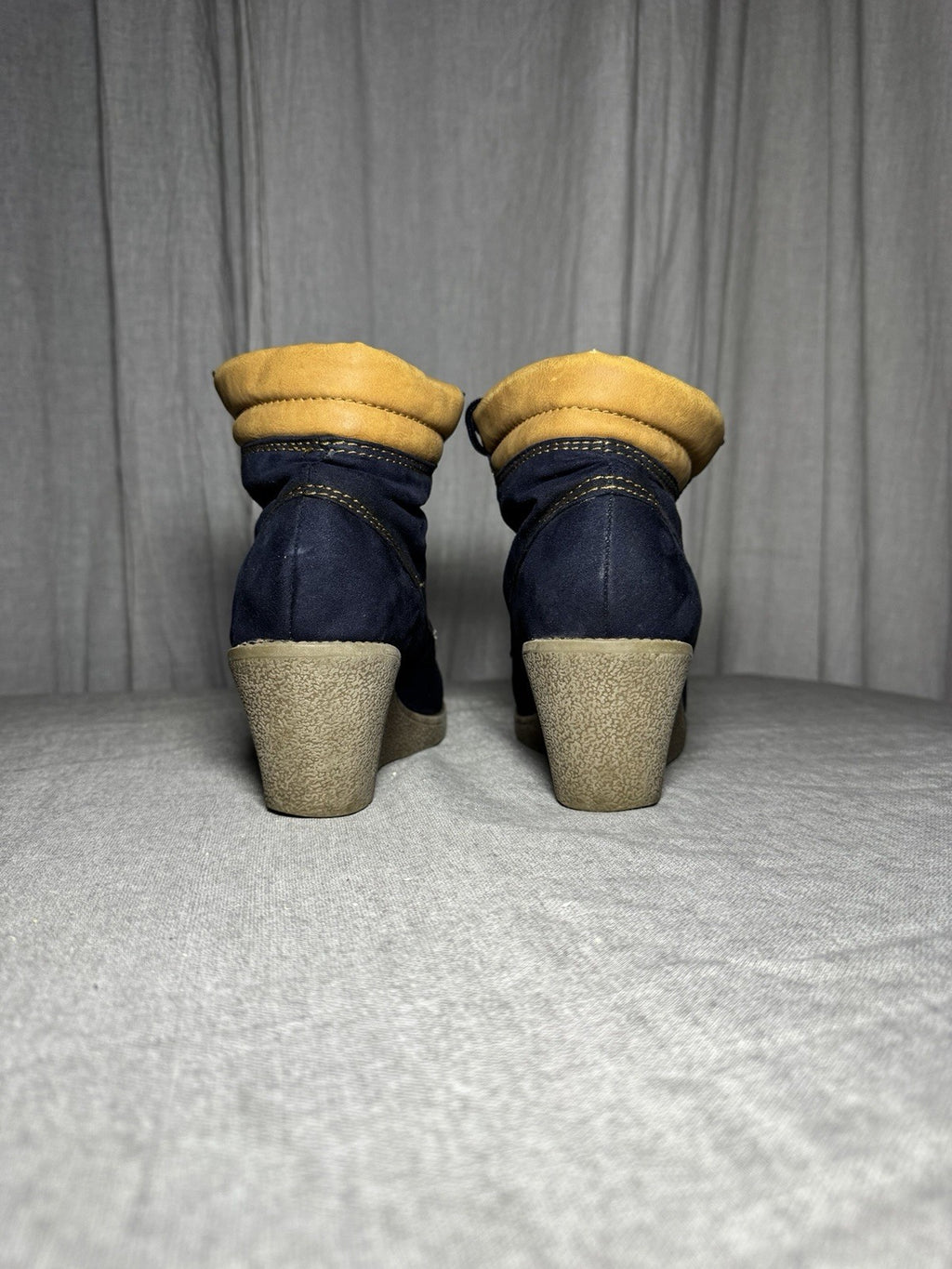 Anna Field Navy Faux Suede Wedge Booties Lace Up Hiker Plaid Womens EU 39 US 8.5