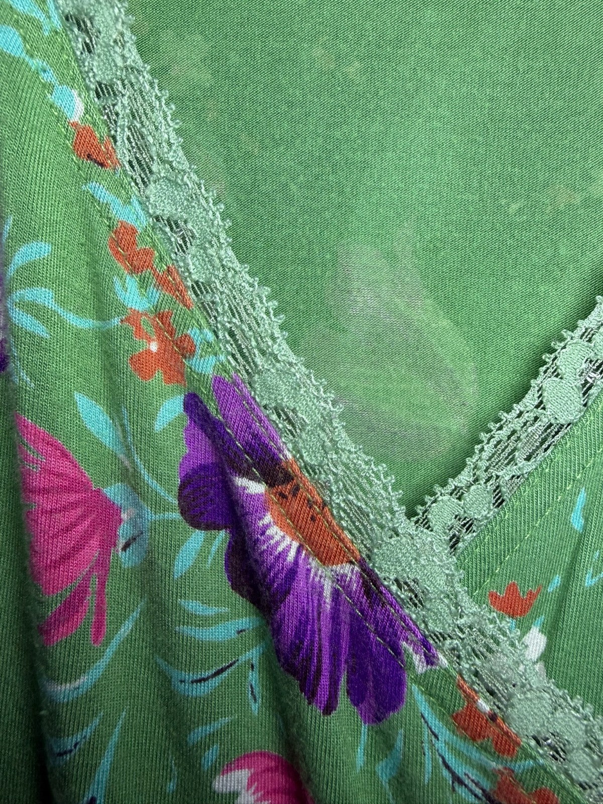 King Louie Womens Dress Size L Green Floral Faux Wrap V-Neck Stretch Lace Trim