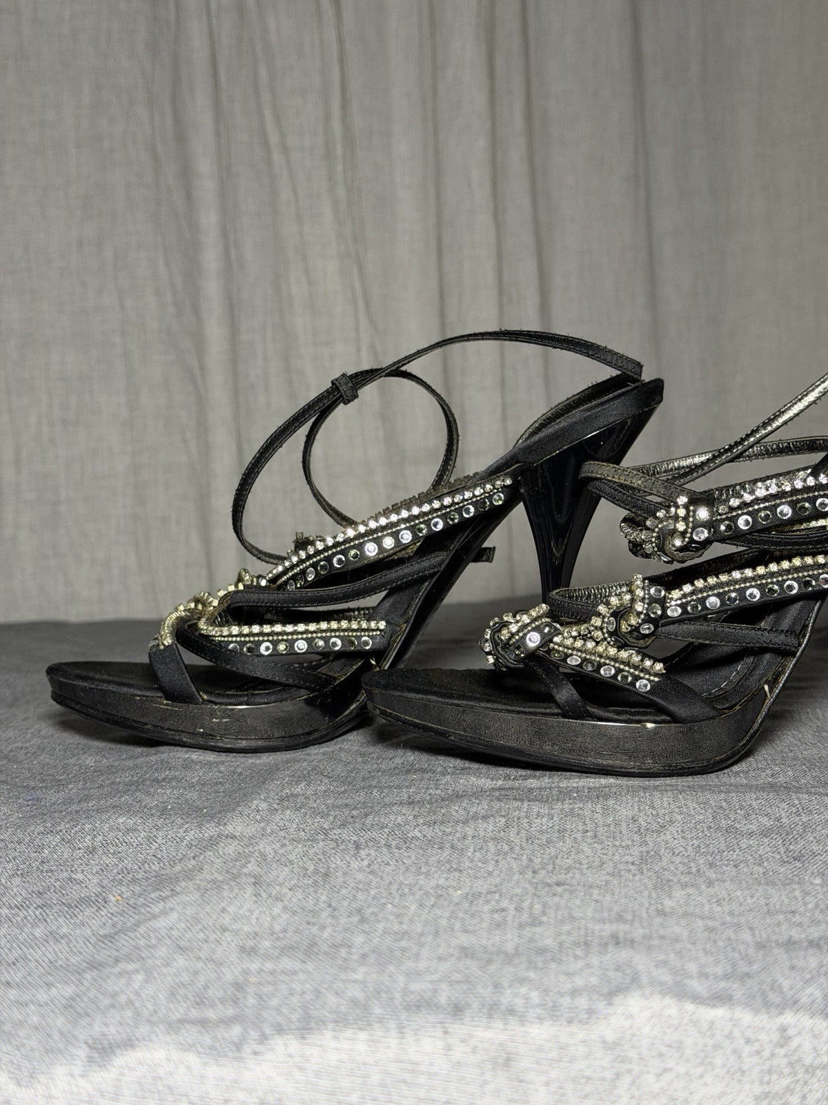 BALDININI Italy Black Satin Crystal Embellished Platform Heels - EUR 37.5