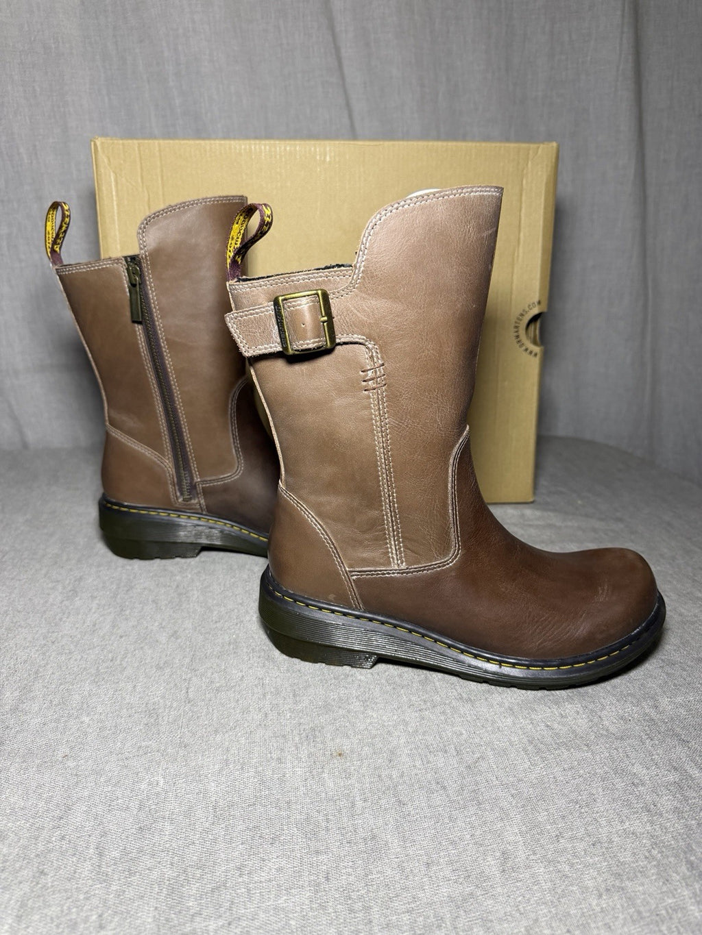 Dr Martens Vaux Mid Calf Boots Brown Leather Side Zip Buckle Womens EU 37 US 6