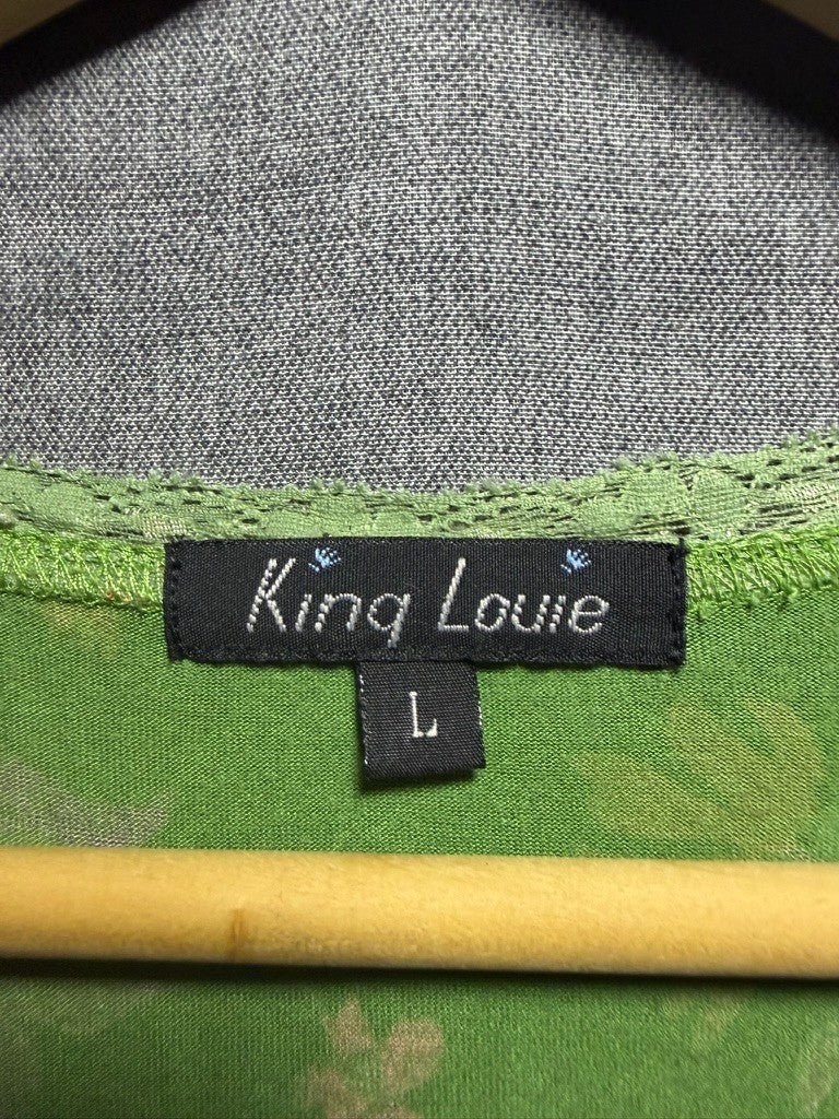King Louie Womens Dress Size L Green Floral Faux Wrap V-Neck Stretch Lace Trim