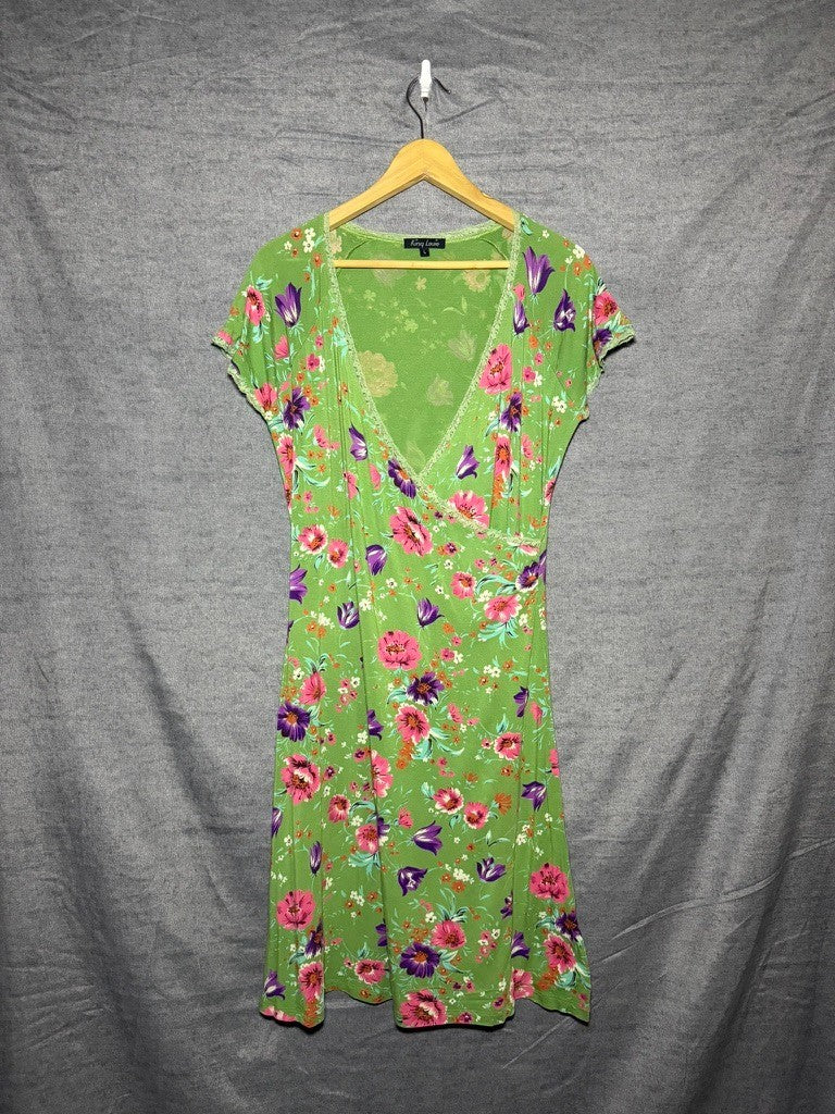 King Louie Womens Dress Size L Green Floral Faux Wrap V-Neck Stretch Lace Trim