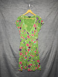 King Louie Womens Dress Size L Green Floral Faux Wrap V-Neck Stretch Lace Trim