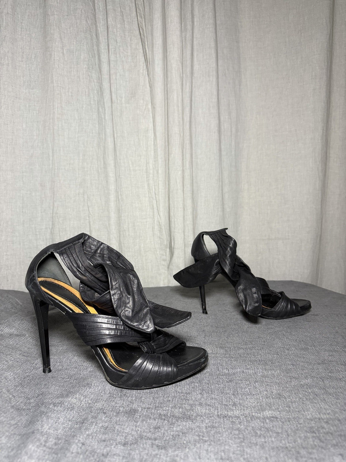 BALDININI Italy Black Leather Draped Stiletto Sandals EUR 37.5 Vibram Soles
