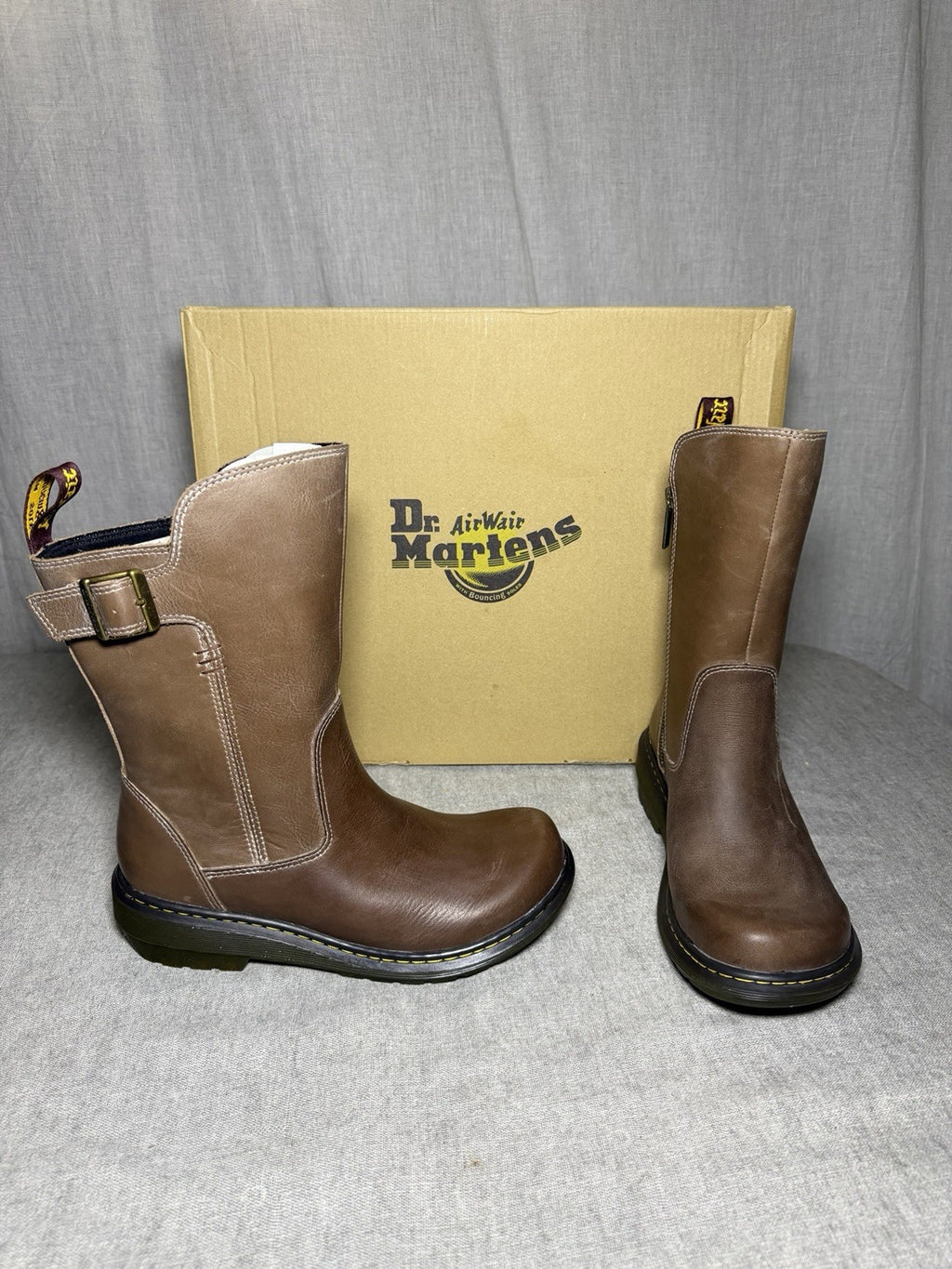 Dr Martens Vaux Mid Calf Boots Brown Leather Side Zip Buckle Womens EU 37 US 6