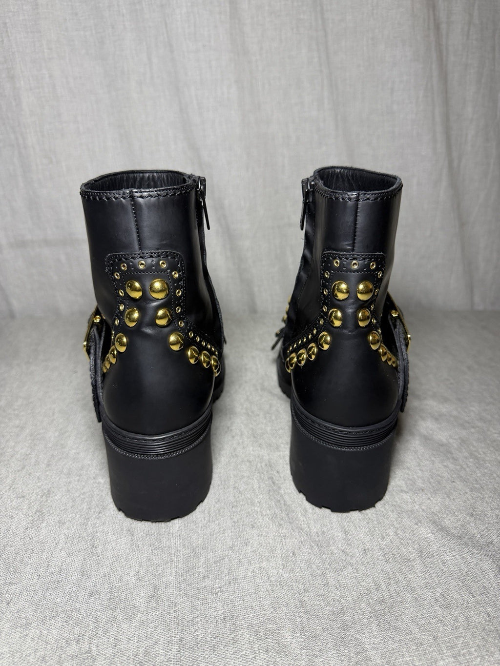 Burberry PR Whitchester Weather Boot Schwarz Gold Nieten Reißverschluss EU 38