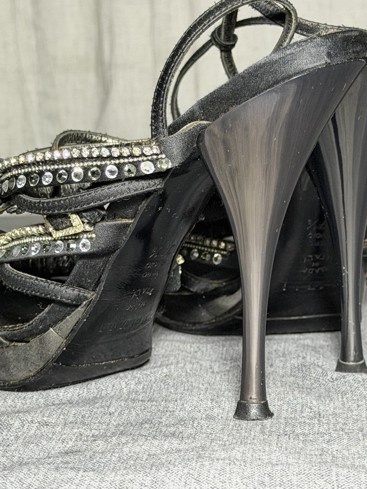 BALDININI Italy Black Satin Crystal Embellished Platform Heels - EUR 37.5