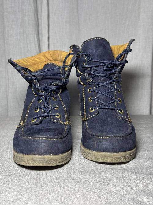 Anna Field Navy Faux Suede Wedge Booties Lace Up Hiker Plaid Womens EU 39 US 8.5