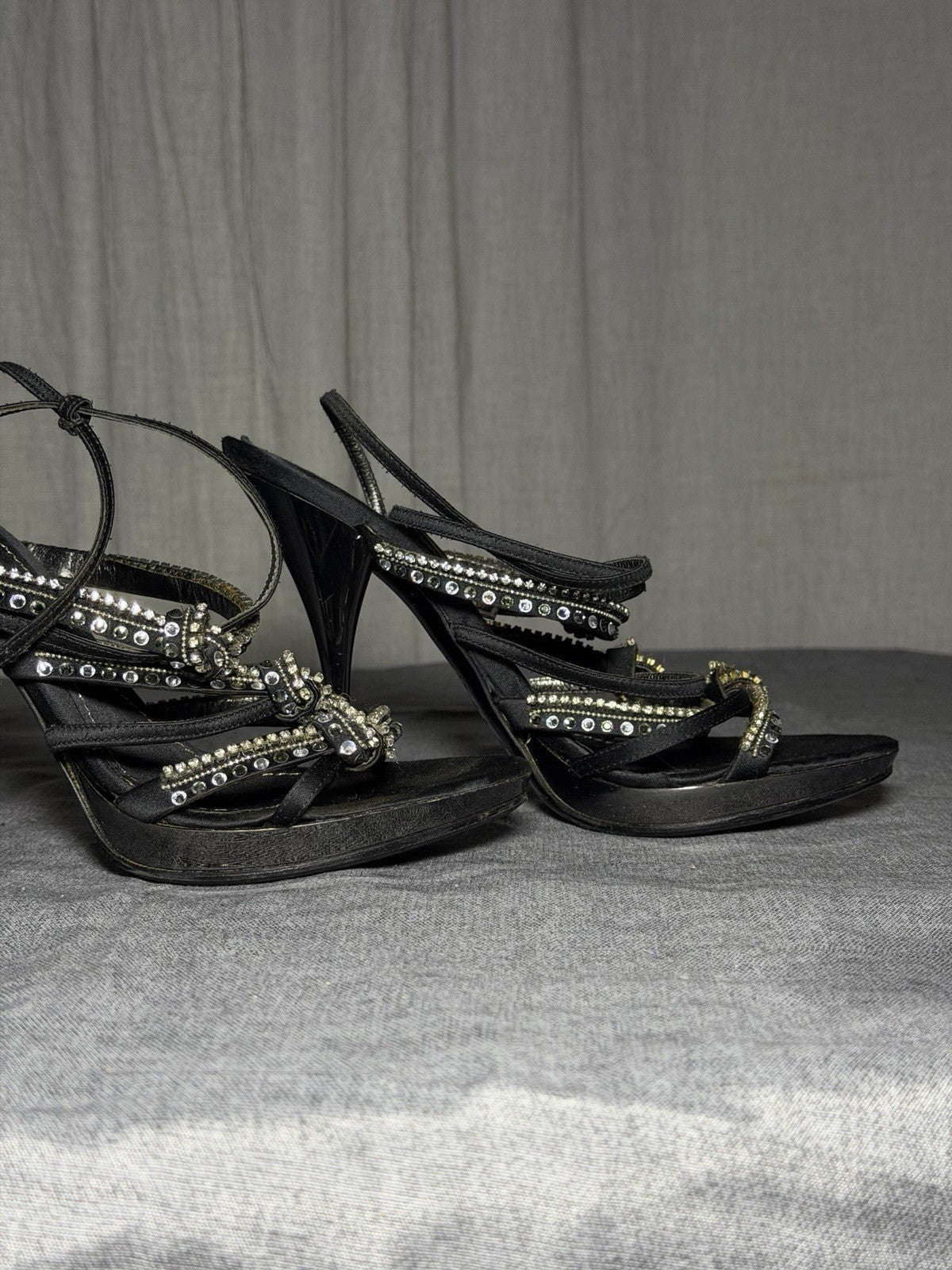 BALDININI Italy Black Satin Crystal Embellished Platform Heels - EUR 37.5