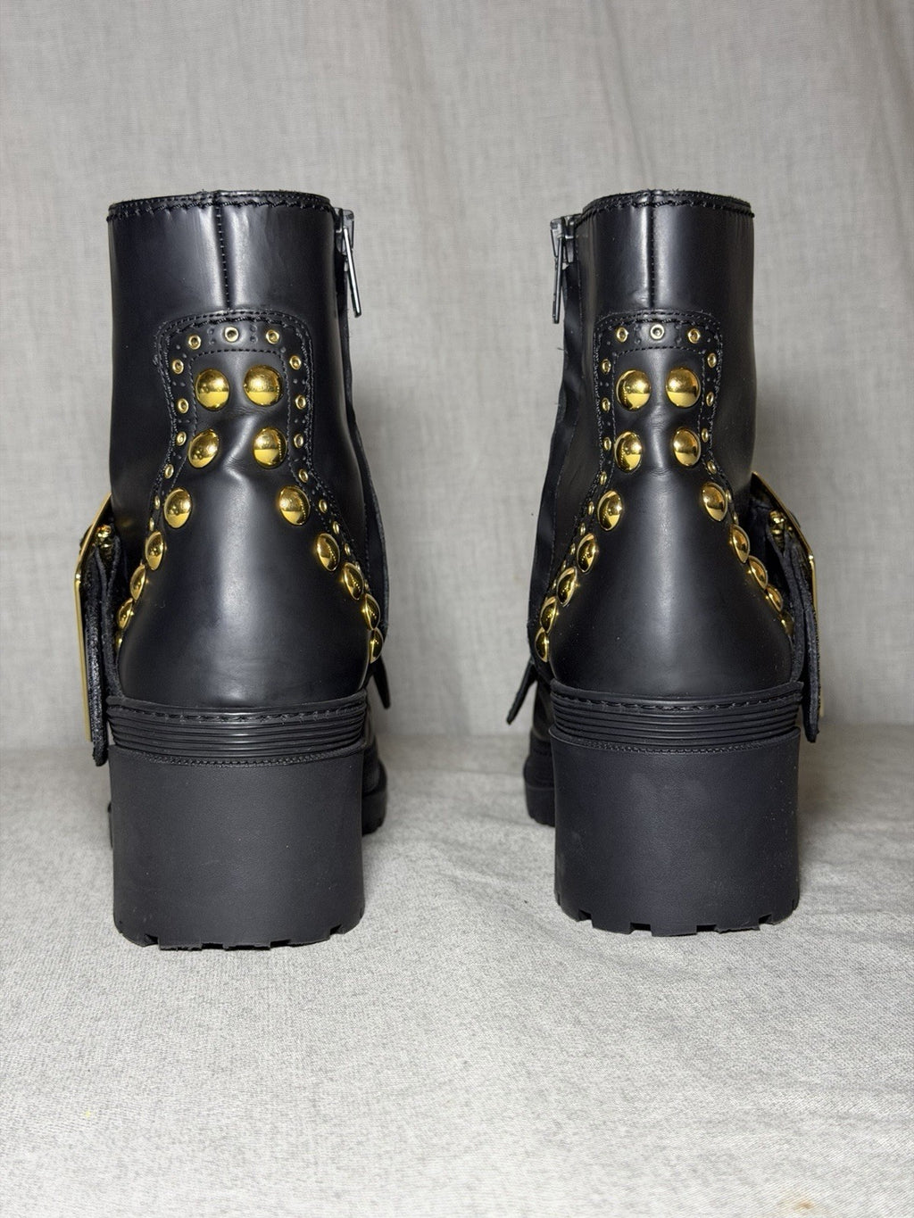 Burberry PR Whitchester Weather Boot Schwarz Gold Nieten Reißverschluss EU 38