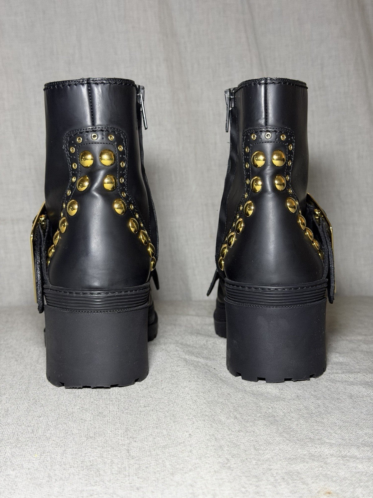 Burberry PR Whitchester Weather Boot Schwarz Gold Nieten Reißverschluss EU 38