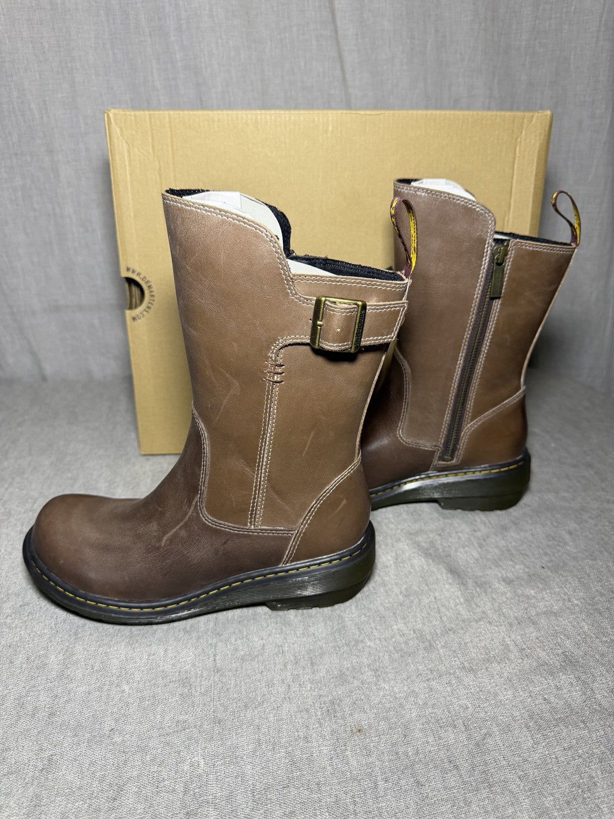 Dr Martens Vaux Mid Calf Boots Brown Leather Side Zip Buckle Womens EU 37 US 6