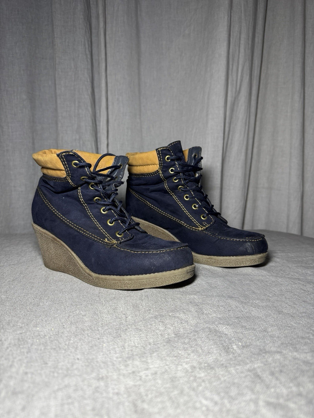 Anna Field Navy Faux Suede Wedge Booties Lace Up Hiker Plaid Womens EU 39 US 8.5