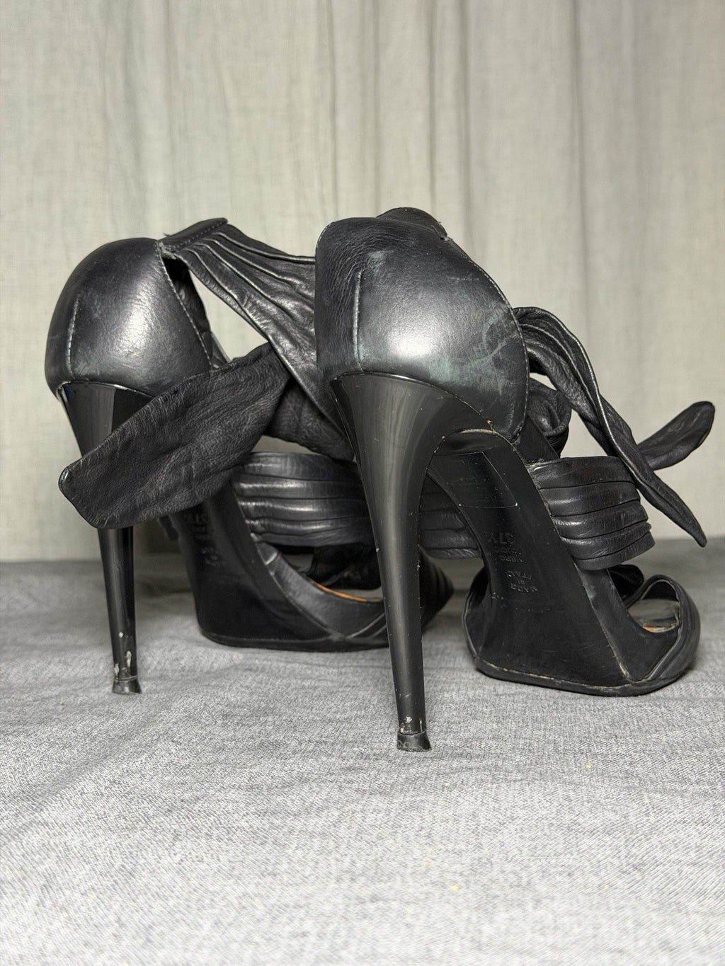 BALDININI Italy Black Leather Draped Stiletto Sandals EUR 37.5 Vibram Soles