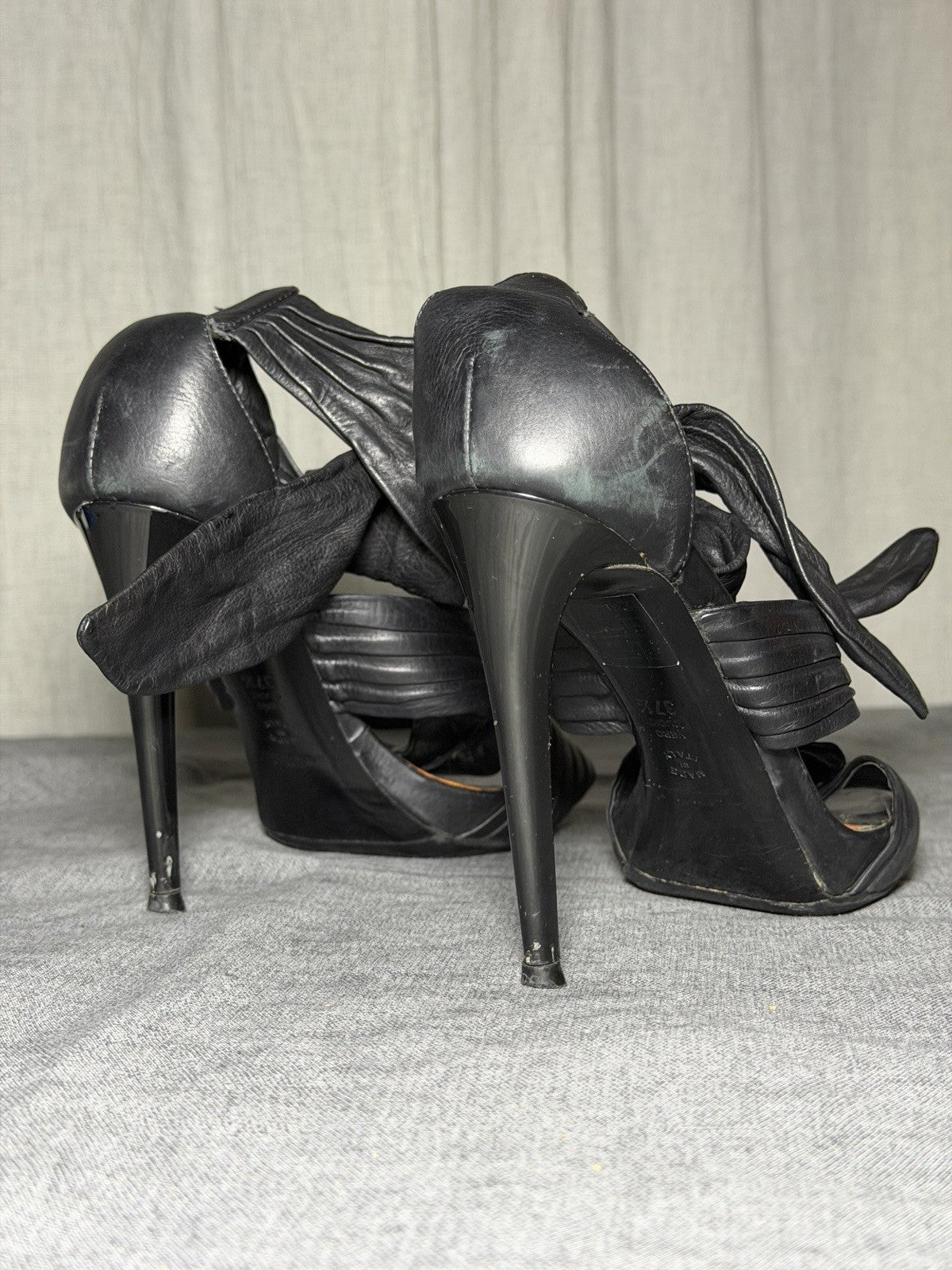BALDININI Italy Black Leather Draped Stiletto Sandals EUR 37.5 Vibram Soles