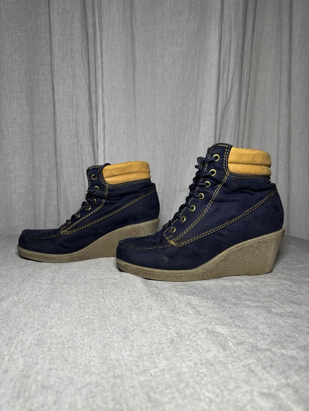 Anna Field Navy Faux Suede Wedge Booties Lace Up Hiker Plaid Womens EU 39 US 8.5