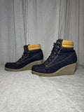 Anna Field Navy Faux Suede Wedge Booties Lace Up Hiker Plaid Womens EU 39 US 8.5