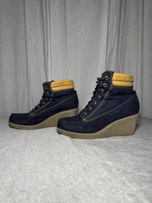 Anna Field Navy Faux Suede Wedge Booties Lace Up Hiker Plaid Womens EU 39 US 8.5