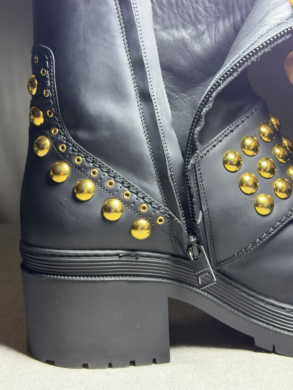 Burberry PR Whitchester Weather Boot Schwarz Gold Nieten Reißverschluss EU 38