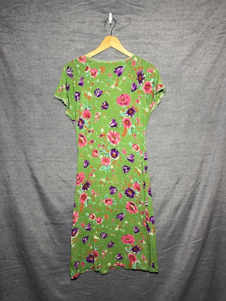 King Louie Womens Dress Size L Green Floral Faux Wrap V-Neck Stretch Lace Trim