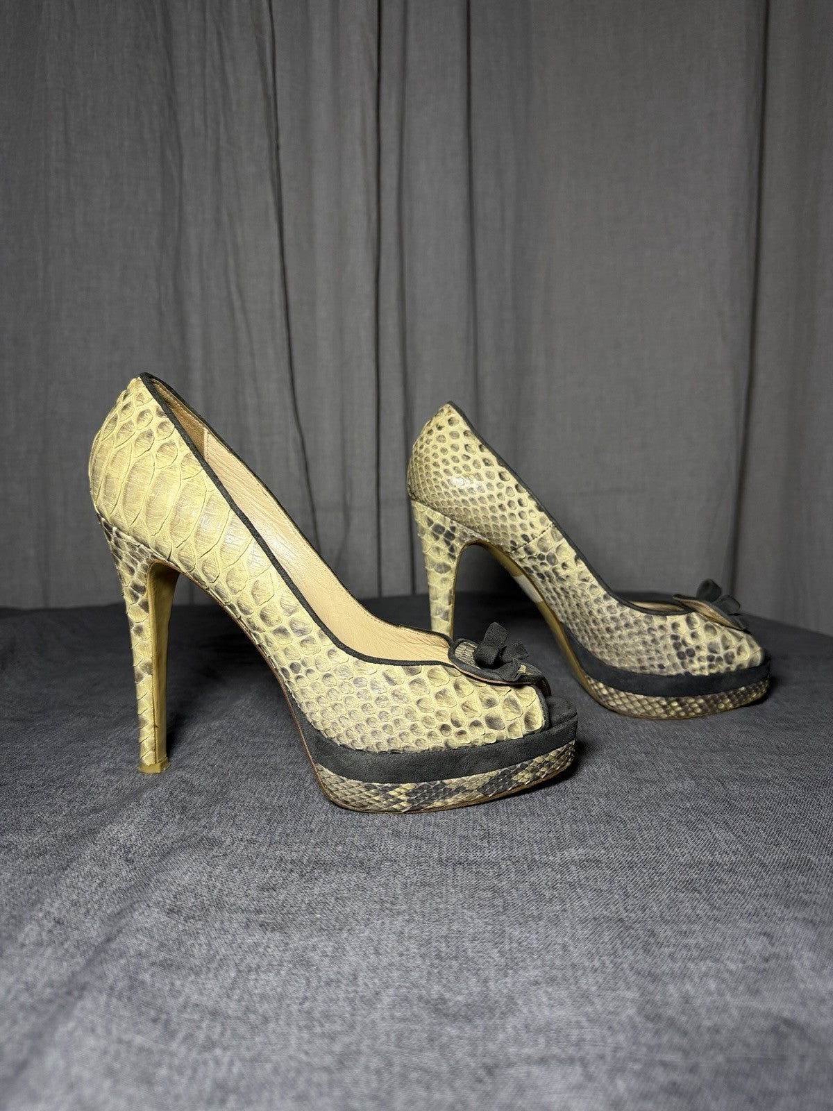 FLOWER Italy Real Leather Snakeskin Peep Toe Platform Heels EU 37