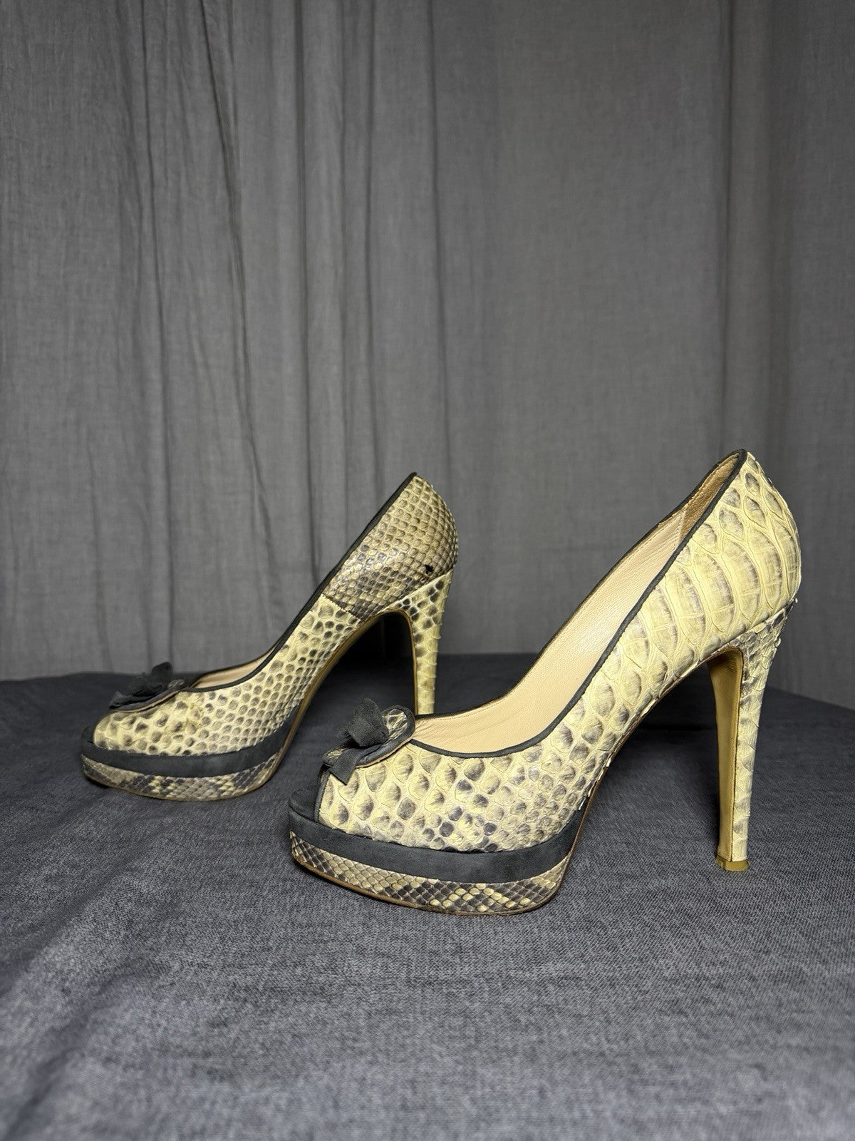 FLOWER Italy Real Leather Snakeskin Peep Toe Platform Heels EU 37