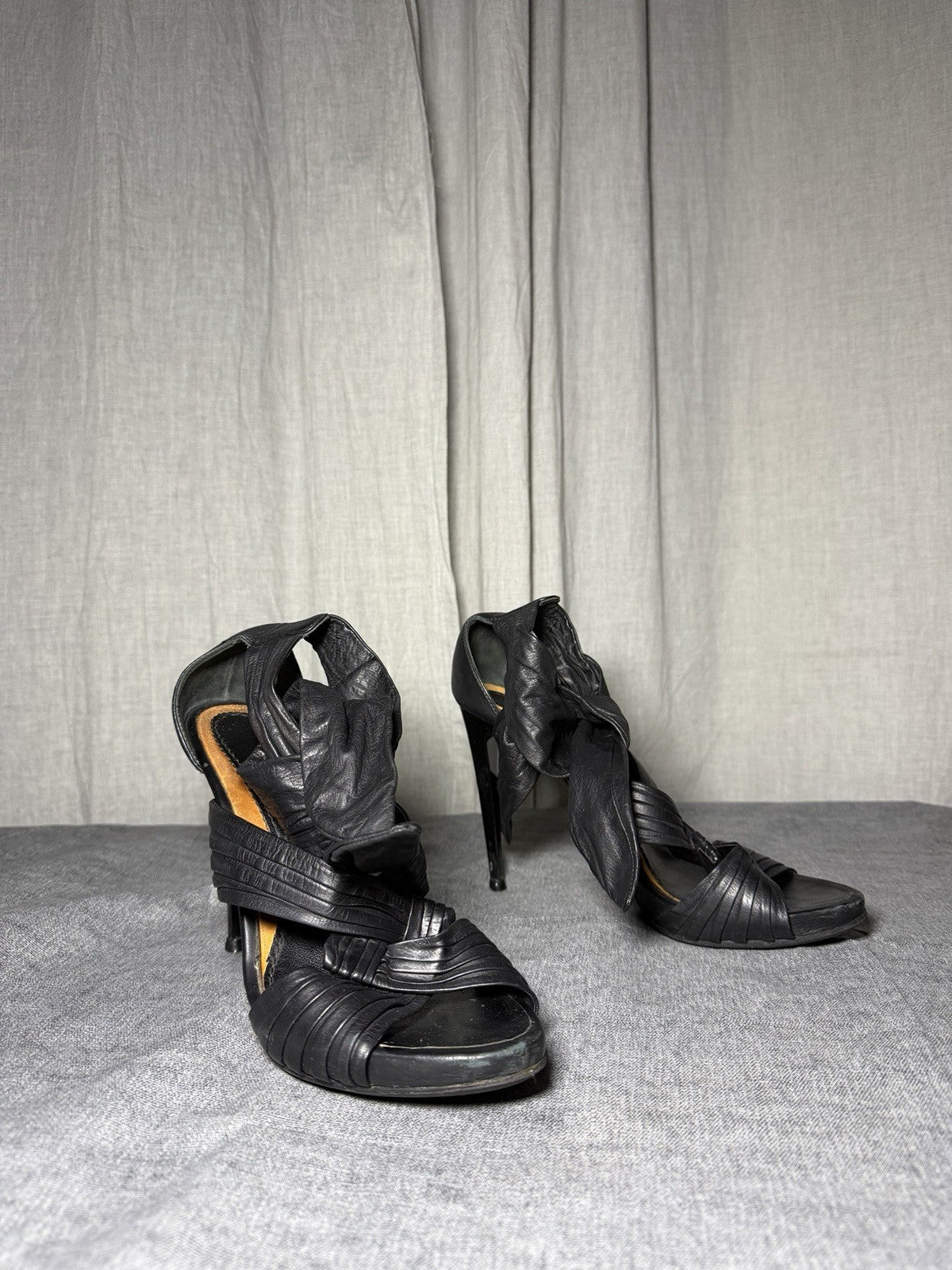 BALDININI Italy Black Leather Draped Stiletto Sandals EUR 37.5 Vibram Soles