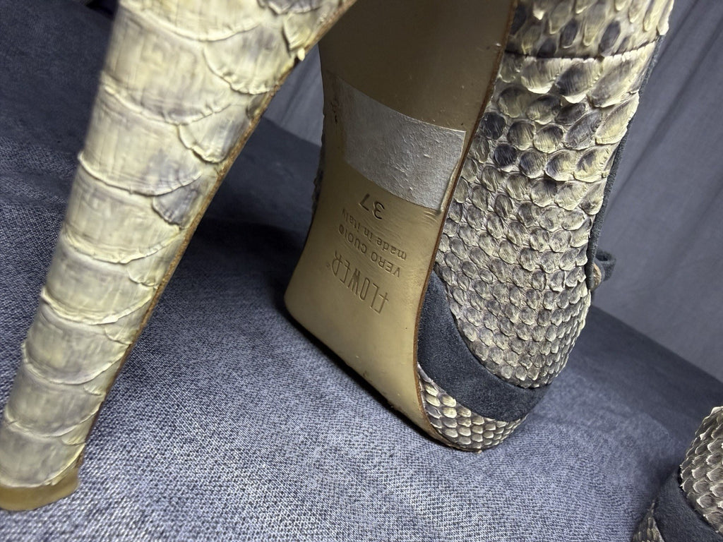 FLOWER Italy Real Leather Snakeskin Peep Toe Platform Heels EU 37