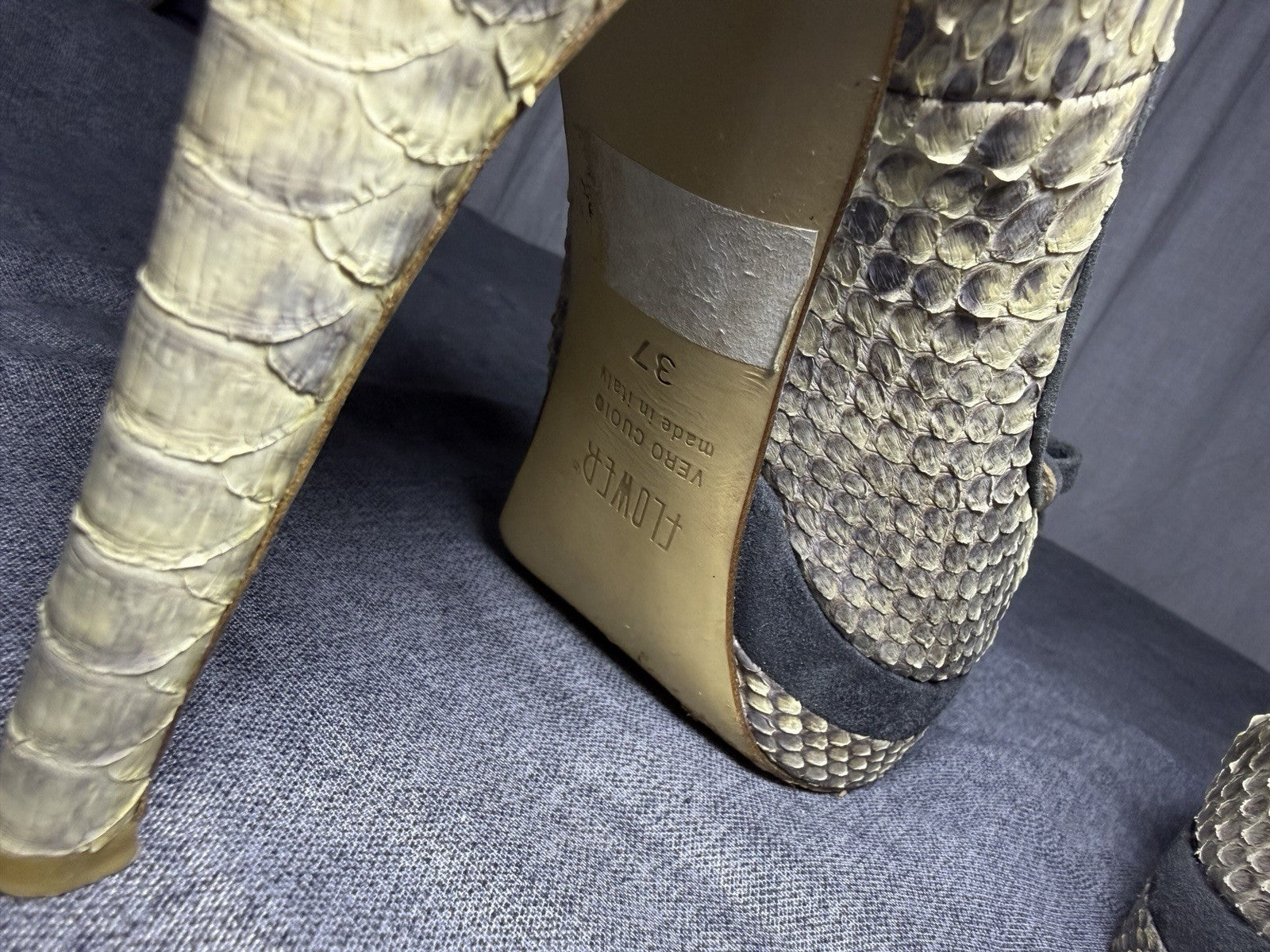 FLOWER Italy Real Leather Snakeskin Peep Toe Platform Heels EU 37