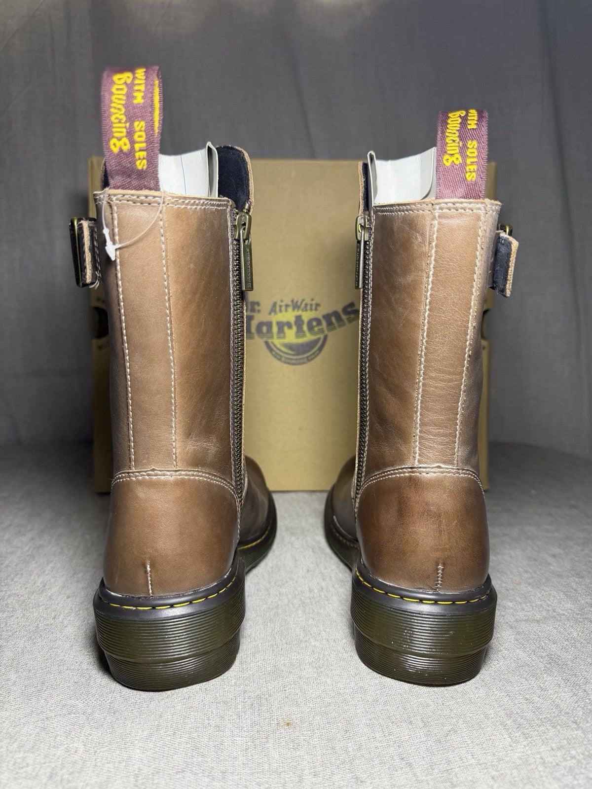 Dr Martens Vaux Mid Calf Boots Brown Leather Side Zip Buckle Womens EU 37 US 6