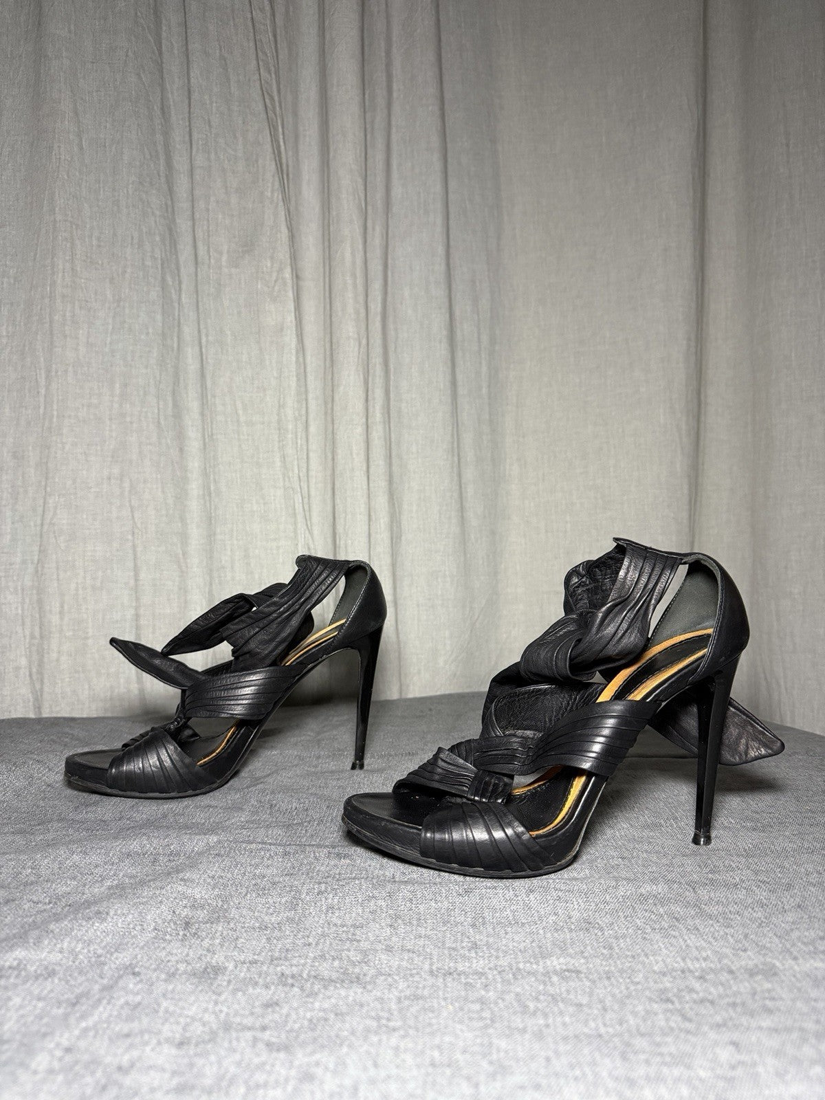 BALDININI Italy Black Leather Draped Stiletto Sandals EUR 37.5 Vibram Soles
