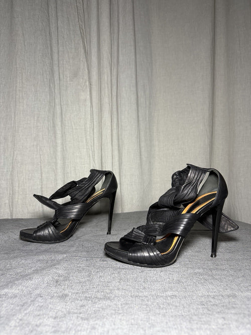 BALDININI Italy Black Leather Draped Stiletto Sandals EUR 37.5 Vibram Soles