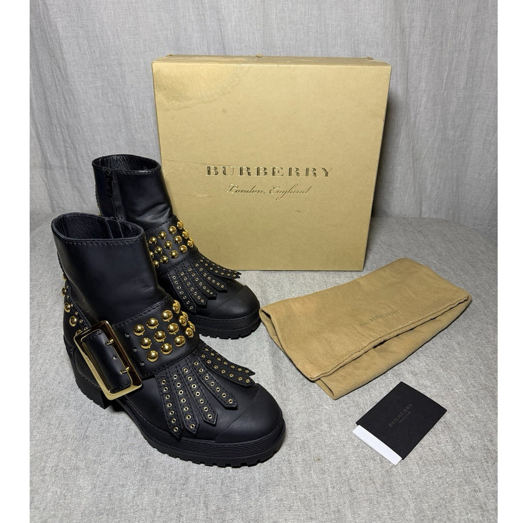 Burberry PR Whitchester Weather Boot Schwarz Gold Nieten Reißverschluss EU 38